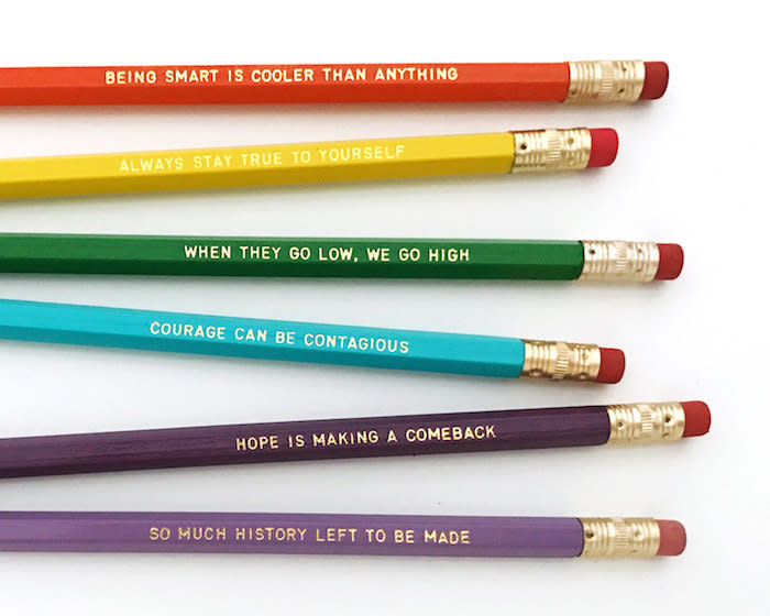 $12, Feminist Pencils. <a href="https://www.etsy.com/listing/498292159/michelle-obama-personalized-pencil-set" target="_blank">Buy here.</a>