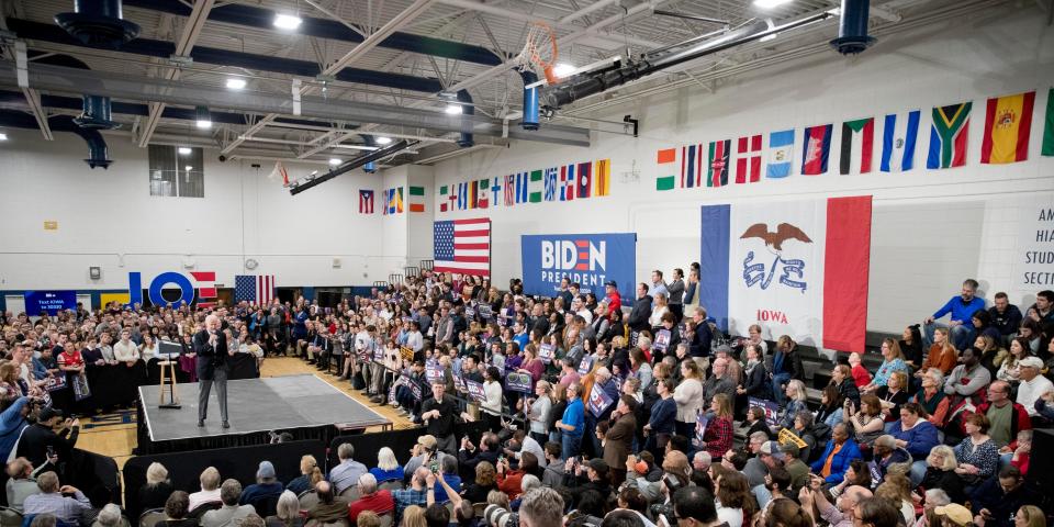 Democratic presidential candidate former Vice President Joe Biden speaks at a campaign stop at Hiatt Middle School, Sunday, Feb. 2, 2020, in Des Moines, Iowa. (AP Photo/Andrew Harnik)