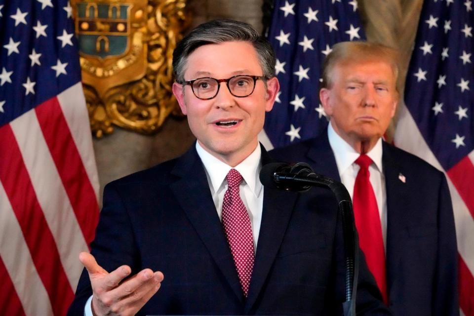 PHOTO: Speaker of the House Mike Johnson, speaks as Republican presidential candidate former President Donald Trump listens during a news conference, April 12, 2024, at Mar-a-Lago in Palm Beach, Fla.  (Wilfredo Lee/AP)