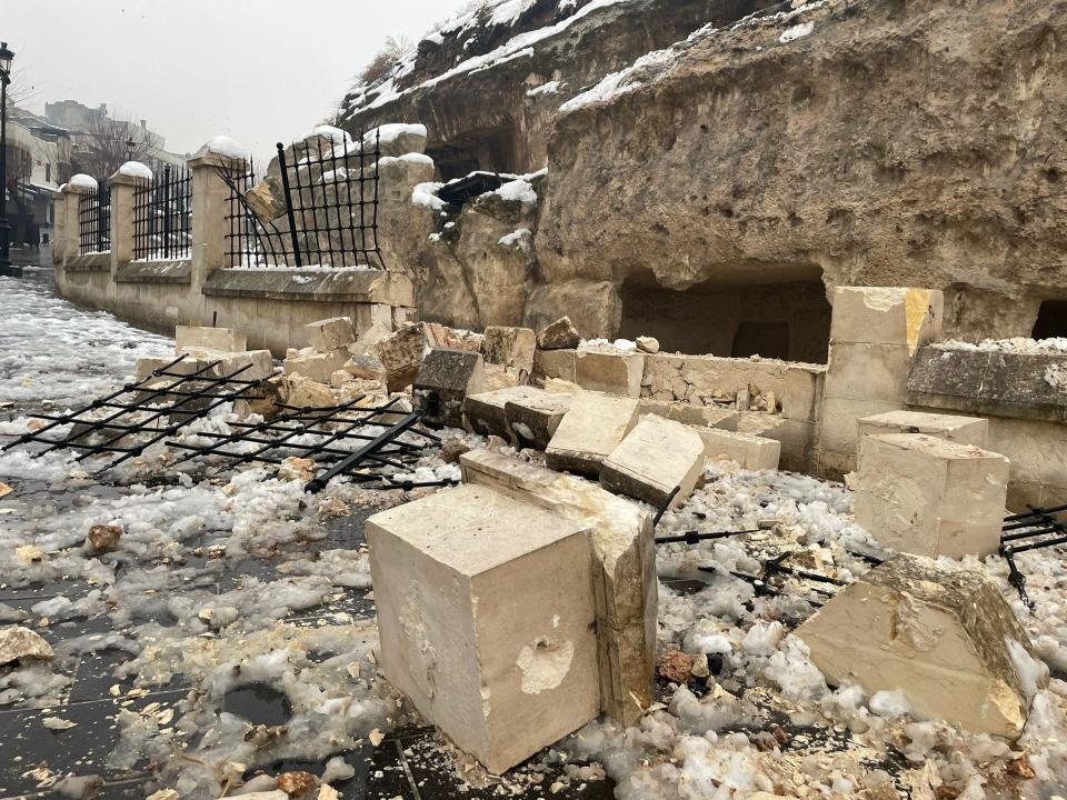 A view of damaged historical Gaziantep Castle after an earthquake hit southern provinces of Turkiye, in Gaziantep, Turkiye on February 6, 2023.  / Credit: Mehmet Akif Parlak/Anadolu Agency via Getty Images