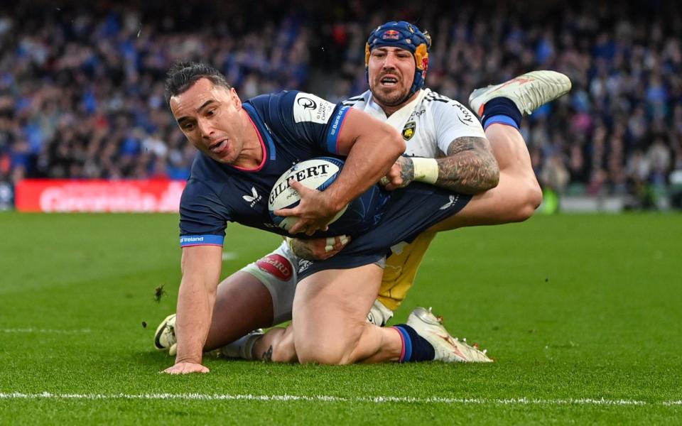 James Lowe shrugs off a tackle from Jack Nowell to score Leinster's fifth try