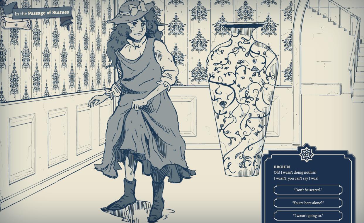  The Forever Labyrinth screenshot - woman standing next to a large vase in The Passage of Statues. 