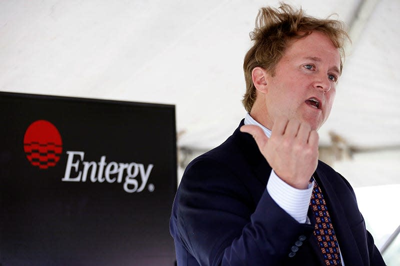 Haley Fisackerly, Entergy Mississippi president and CEO, discusses the company's plans to implement the state's first utility-owned solar project with the launch of the first of three solar installations, Tuesday, April 7, 2015, in Jackson, Miss. The initial 500 kilowatt ground mounted solar array system will be on the grounds of Entergy's Hinds Generating Facility in Jackson and will use panels built at the Stion solar panel manufacturing facility in Hattiesburg.