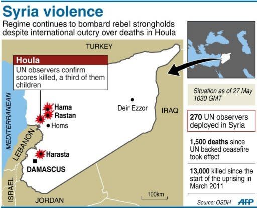 Map locating latest bombardments in Syria including Houla, where at least 92 were killed when the town was shelled on Friday. The UN Security Council held an emergency meeting Sunday on the situation in Syria, hearing that the toll from a massacre in the town of Houla had risen to 108 dead and 300 injured