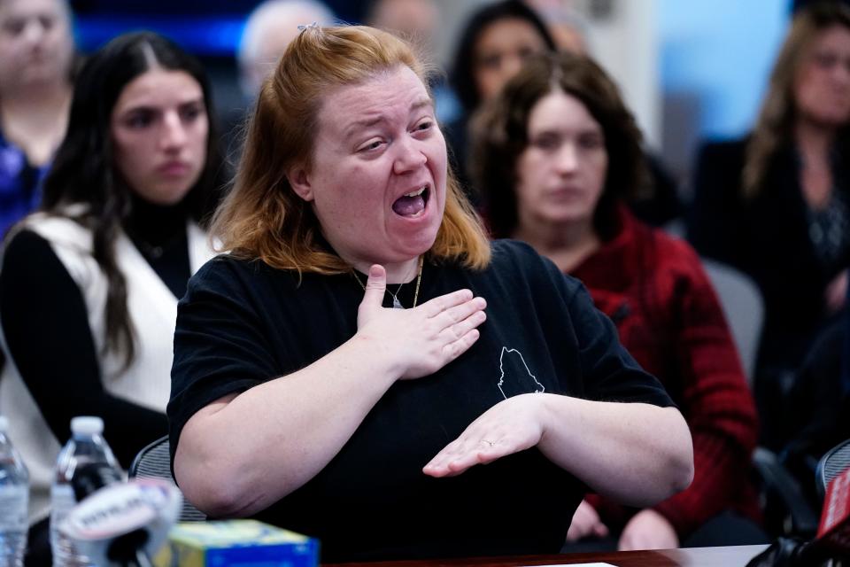 Megan Vozzella, wife of Steve Vozzella, a victim of the shooting in Lewiston in Oct. 2023, testifies at the Maine independent commission into the shooting.