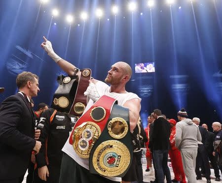 Boxing - Wladimir Klitschko v Tyson Fury WBA, IBF & WBO Heavyweight Title's - Esprit Arena, Dusseldorf, Germany - 28/11/15 Tyson Fury celebrates winning the fight Action Images via Reuters / Lee Smith Livepic