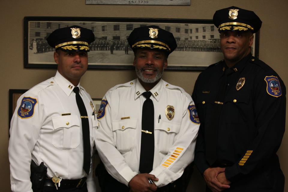 (Left to right) Recently-appointed Chief Wilfredo Campos with Capt. Faheem Akil and recently-named Inspector Anthony Bowers in 2018.