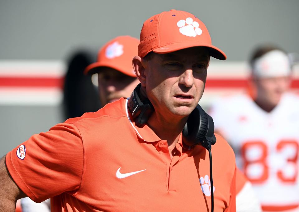 Oct 28, 2023; Raleigh, North Carolina, USA; Clemson Tigers head coach Dabo Swinney looks on prior to a game against the North Carolina State Wolfpack at Carter-Finley Stadium. Mandatory Credit: Rob Kinnan-USA TODAY Sports