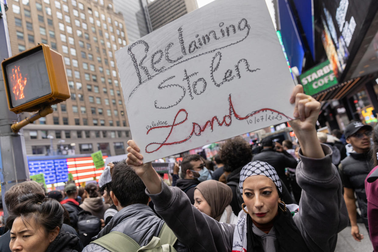 Pro-Palestinian demonstrators protest in Times Square 