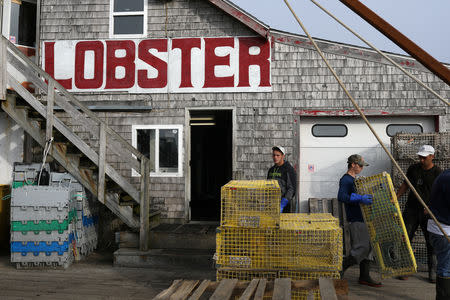 Men carry lobster traps at Greenhead Lobster docks in Stonington, Maine, U.S., July 7, 2017. REUTERS/Shannon Stapleton