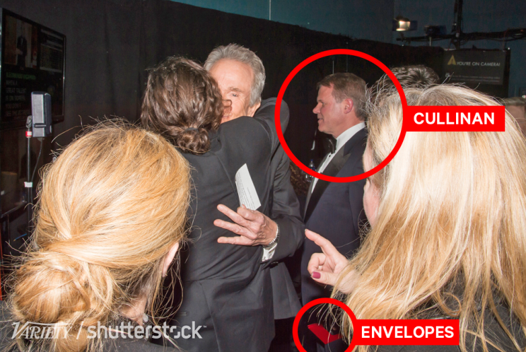 Warren Beatty greets Casey Affleck backstage at the Oscars (Photo: Andrew Walker/Rex/Shutterstock)