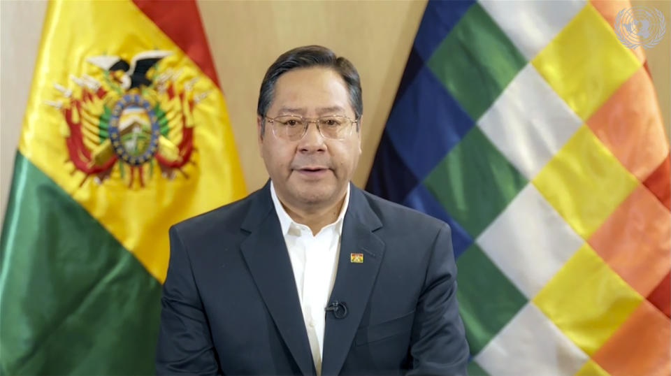 In this image made from UNTV video, Luis Arce, President of Bolivia, speaks in a pre-recorded message which was played during the U.N. General Assembly's special session to discuss the response to COVID-19 and the best path to recovery from the pandemic, Thursday, Dec. 3,2020, at UN headquarters, in New York. (UNTV via AP).