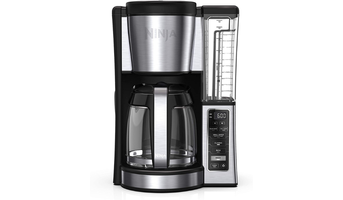 A stainless steel and black coffee maker