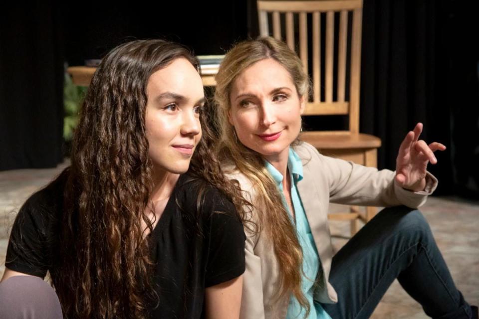 Tia Laulusa acts as the Debater and Robyn Cohen acts as Heidi in a rehearsal of the Dezart Performs production "What The Constitution Means To Me" in Palm Springs, Calif.