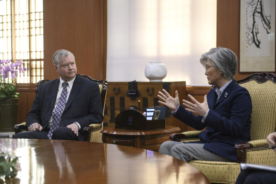 U.S. Special Representative for North Korea Stephen Beigun, left, listens to South Korean Foreign Minister Kang Kyung-wha during their meeting at Foreign Ministry in Seoul Saturday, Feb. 9, 2019. Beigun returned from three days of talks in Pyongyang, North Korea, before the second summit between U.S. President Donald Trump and North Korean leader Kim Jong Un in Vietnam later this month. (Ed Jones/Pool Photo via AP)