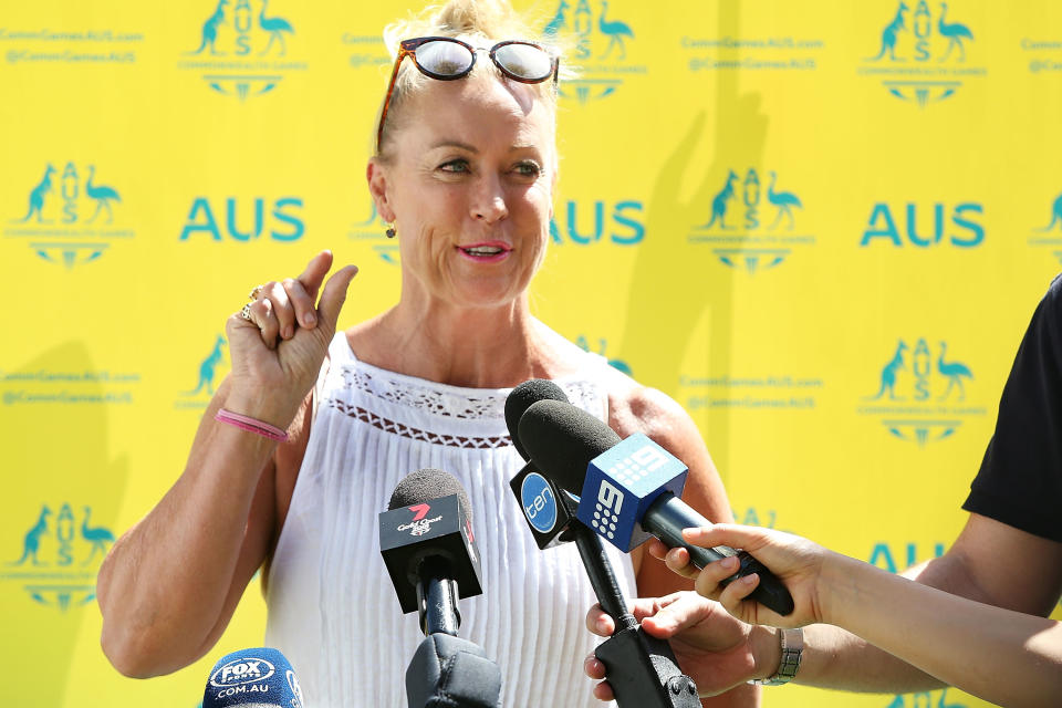 Lisa Curry, pictured here speaking to the media ahead of the 2018 Commonwealth Games on the Gold Coast.