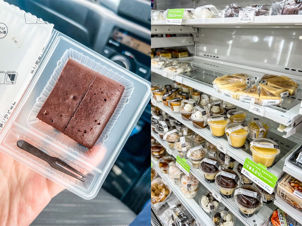 chocolate cake on the left and desserts on the right (7-eleven japan)