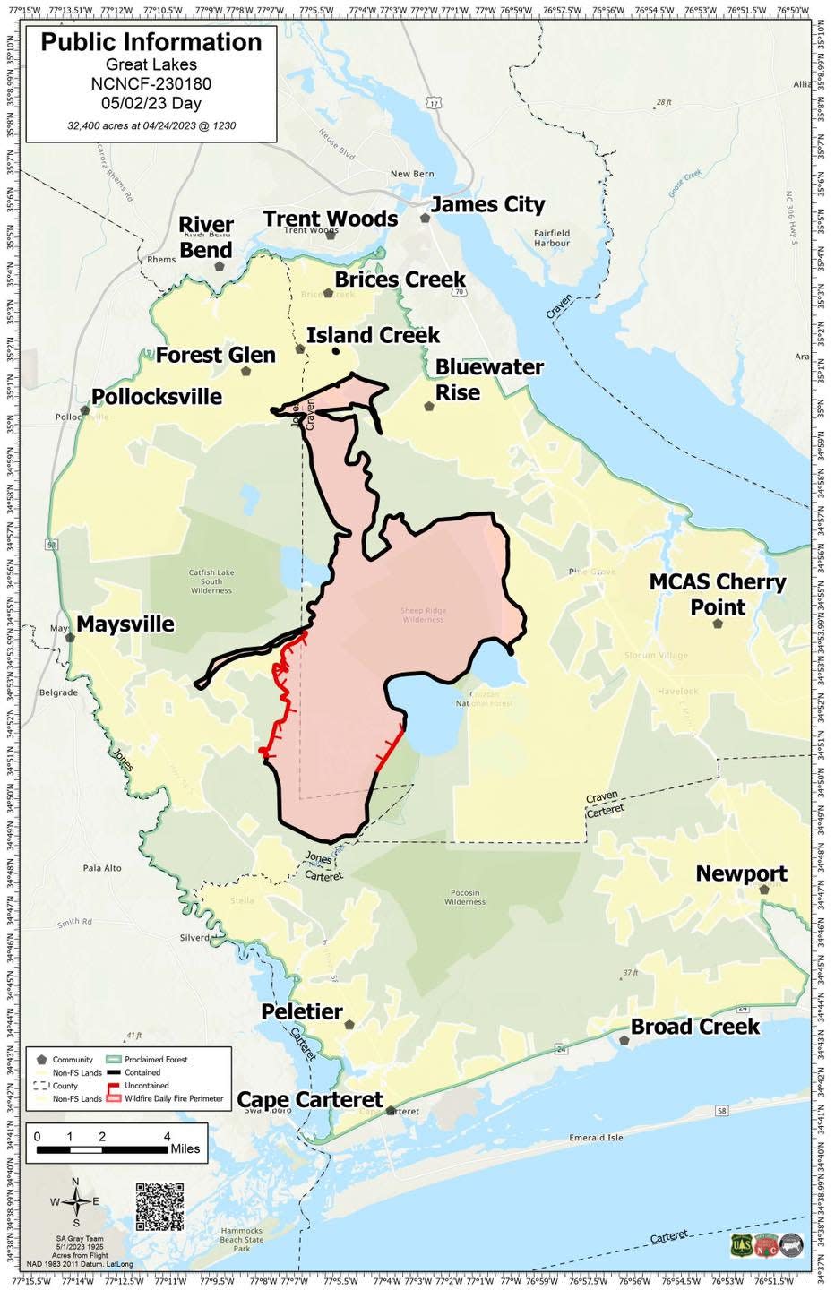 The Great Lakes Fire in the Croatan National Forest had burned an estimated 32,400 acres as of Tuesday afternoon and was about 62% contained. Smoke and poor air quality was still an issue in some areas.