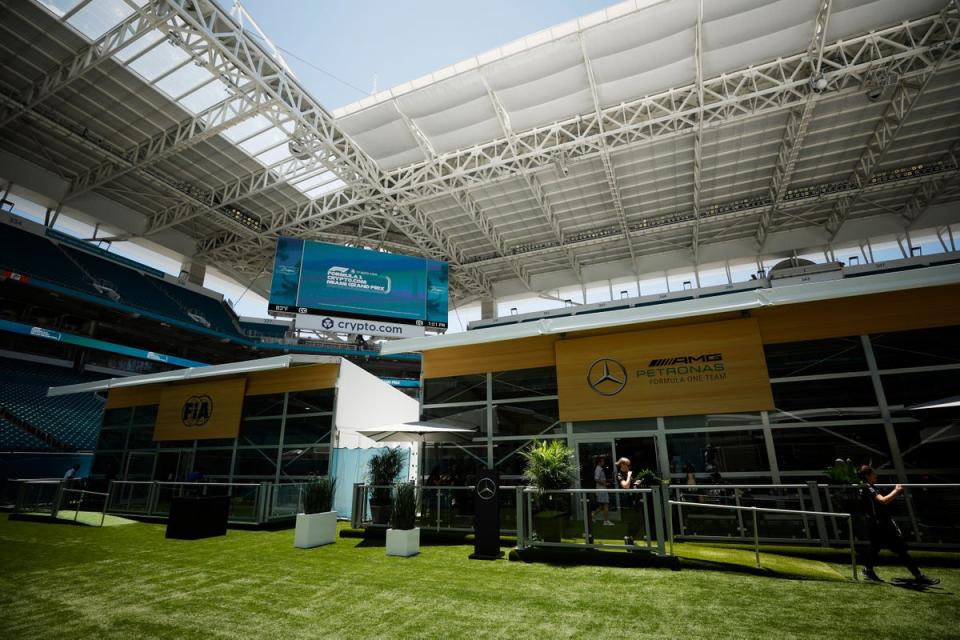 The paddock will this year be inside the 65,000-capacity Hard Rock Stadium (Getty)