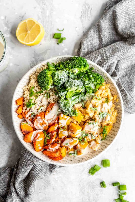 <p>Running on Real Food</p><p>These bowls are full of nutrition and perfect for meal prep. They feature red lentils, quinoa, roasted squash and carrots, broccoli and lemon tahini sauce for a filling, buddha bowl-style meal.</p><p><strong>Get the recipe: <a href="https://runningonrealfood.com/lentil-quinoa-bowl" rel="nofollow noopener" target="_blank" data-ylk="slk:Lentil Quinoa Bowl;elm:context_link;itc:0;sec:content-canvas" class="link ">Lentil Quinoa Bowl</a></strong></p>