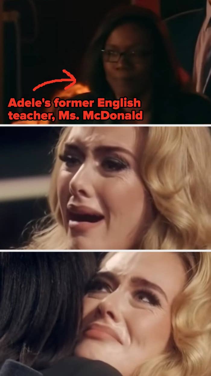 Adele cries as she reunites with her childhood English teacher, Ms. McDonald