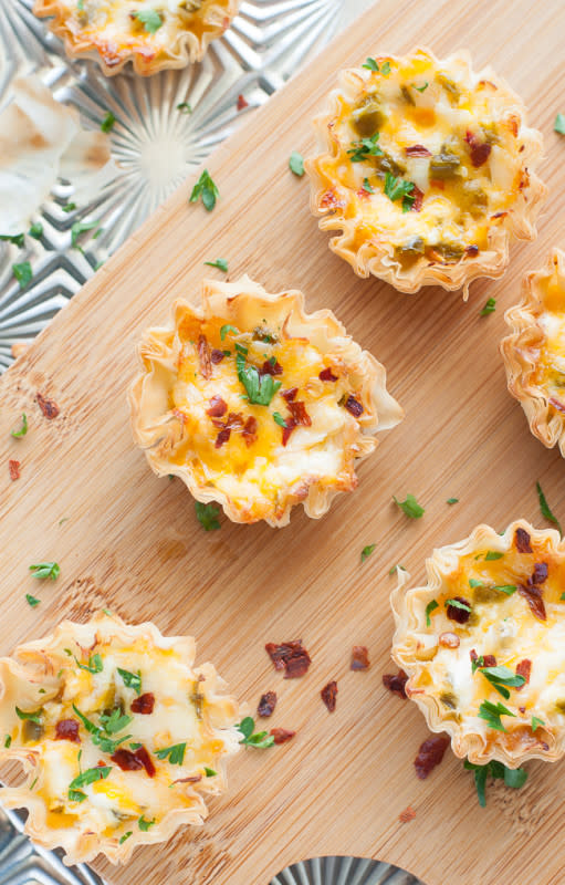 <p>Peas and Crayons</p><p>Phyllo cups are stuffed with cheese and bits of jalapeño. </p><p><strong>Get the recipe: <a href="https://peasandcrayons.com/2015/06/baked-jalapeno-popper-phyllo-cups.html" rel="nofollow noopener" target="_blank" data-ylk="slk:Baked Jalapeño Popper Phyllo Cups;elm:context_link;itc:0;sec:content-canvas" class="link ">Baked Jalapeño Popper Phyllo Cups</a></strong></p><p><strong>Related: </strong><strong><a href="https://www.yahoo.com/lifestyle/wait-whats-difference-between-phyllo-130000782.html" data-ylk="slk:Wait, What's The Difference Between Phyllo Dough and Puff Pastry?;elm:context_link;itc:0;sec:content-canvas;outcm:mb_qualified_link;_E:mb_qualified_link;ct:story;" class="link  yahoo-link">Wait, What's The Difference Between Phyllo Dough and Puff Pastry?</a></strong></p>