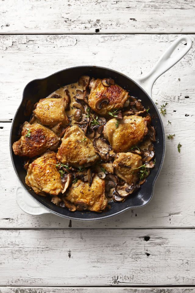 <p>It's the weeknight hero you've been searching for. Affordable chicken thighs are bathed in a luxe pan sauce peppered with pre-slice mushrooms from your store's produce aisle.</p><p><em><a href="https://www.goodhousekeeping.com/food-recipes/a46042/mushroom-chicken-skillet-with-herbed-cream-sauce-recipe/" rel="nofollow noopener" target="_blank" data-ylk="slk:Get the recipe »;elm:context_link;itc:0;sec:content-canvas" class="link ">Get the recipe »</a></em> </p><p><strong>RELATED</strong>: <a href="https://www.goodhousekeeping.com/food-recipes/healthy/g4056/healthy-chicken-dinners/" rel="nofollow noopener" target="_blank" data-ylk="slk:60 Healthy Chicken Dinners for the Best Weeknights Ever;elm:context_link;itc:0;sec:content-canvas" class="link ">60 Healthy Chicken Dinners for the Best Weeknights Ever</a></p>