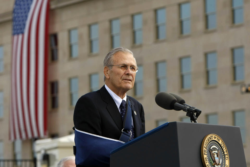 FILE - In this Sept. 11, 2008, file photo, former Defense Secretary Donald Rumsfeld speaks at the dedication of Pentagon Memorial. The family of Rumsfeld says he has died. He was 88. (AP Photo/Pablo Martinez Monsivais, File)