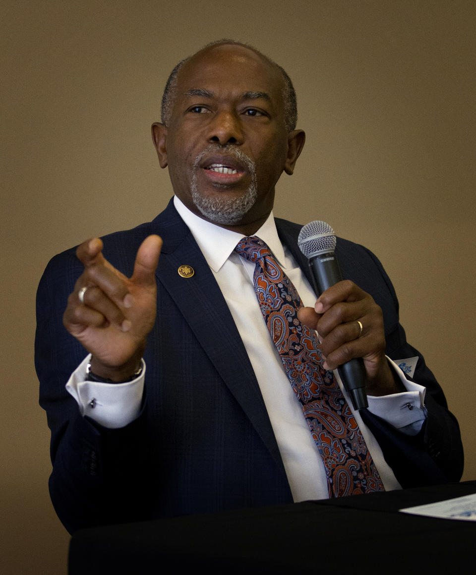 Meharry President Dr. James Hildreth speaks during an event encouraging young Black men to pursue careers in medicine, dentistry or the sciences in September 2018, in Nashville, Tenn. The Association of American Medical Colleges had cited decades of declining numbers of Black men pursuing medical careers. (Ken Morris/Meharry Medical College via AP)