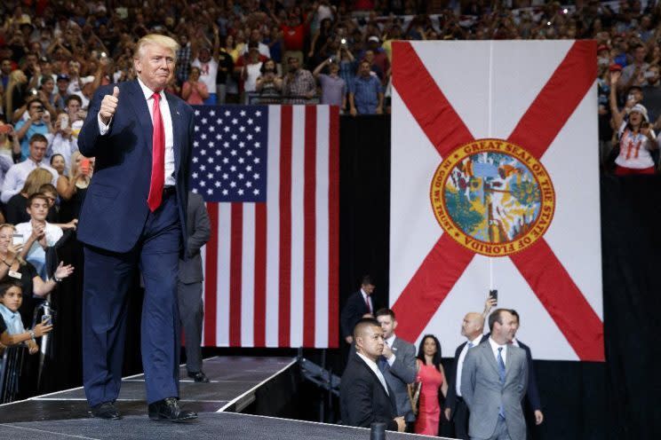 Donald Trump arrives at a campaign rally in Jacksonville, Fla. (Photo: Evan Vucci/AP)