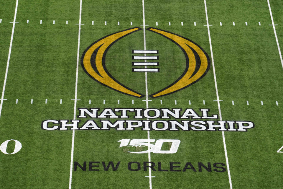 Detailed view of the 2020 College Football Playoff National Championship logo at midfield at the Mercedes-Benz Superdome. (Kirby Lee-USAT Sports)