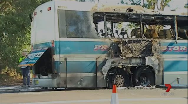 The bus was destroyed by the flames. Photo: 7 News