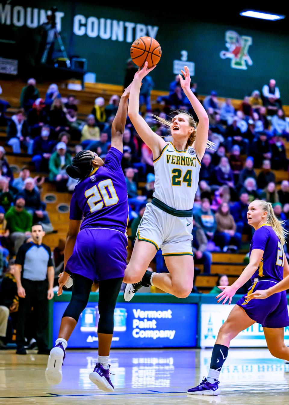 Anna Olson looks to shoot during the University of Vermont women's basketball game against the University at Albany at Patrick Gymnasium on Feb. 4, 2023.