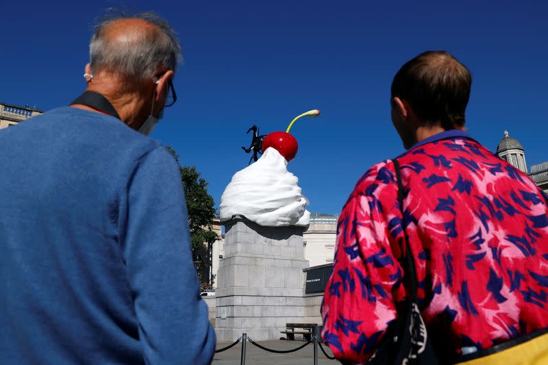 Heather Phillipson's sculpture ''THE END'', is seen after it was unveiled on Trafalgar Square's Fourth Plinth, in London