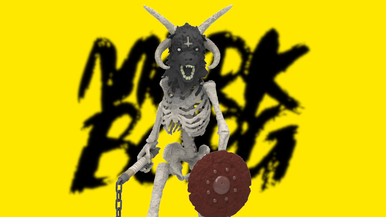  The Mork Borg action figure against the game's logo and iconic yellow background. 