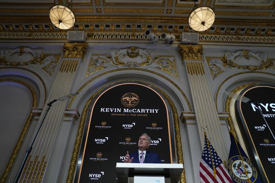 US House Speaker Kevin McCarthy delivers a speech on the econony at the New York Stock Exchange (NYSE) in New York on April 17, 2023. - Republican leader Kevin McCarthy vowed Monday that the US House would not approve a 
