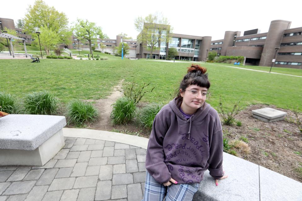 Senior Jordan Moore, 21, reacts to last night's arrests of SUNY Purchase students and faculty after peaceful demonstrations at a pro-Palestinian encampment on the campus quad May 3, 2024 near the site.