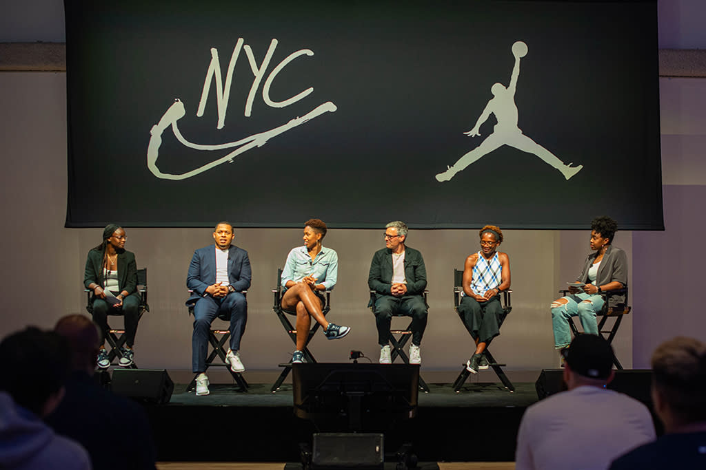 Nike brand marketing director Deb Williams (R) leads a panel celebrating the late John Thompson Jr. featuring William & Mary women’s basketball assistant coach Sugar Rodgers, Denver Nuggets assistant GM Jonathan Wallace, Monica McNutt of ESPN and MSG, and Nike executives Scott Munson and Sonja Henning. - Credit: Courtesy of Nike