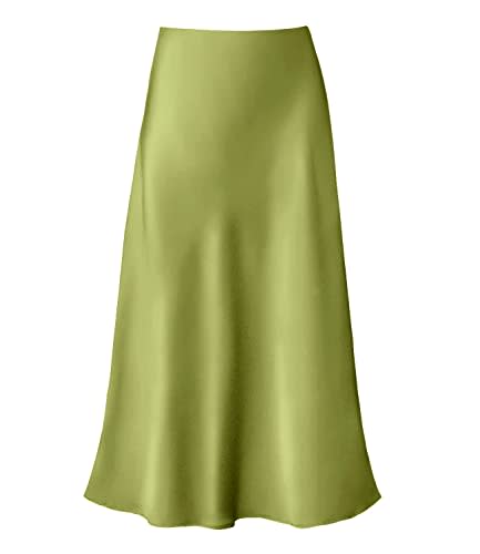 Modegal Women's Satin High Waist Hidden Elasticized Waistband Flared Casual A Line Midi Skirt (Apple Green, Small)