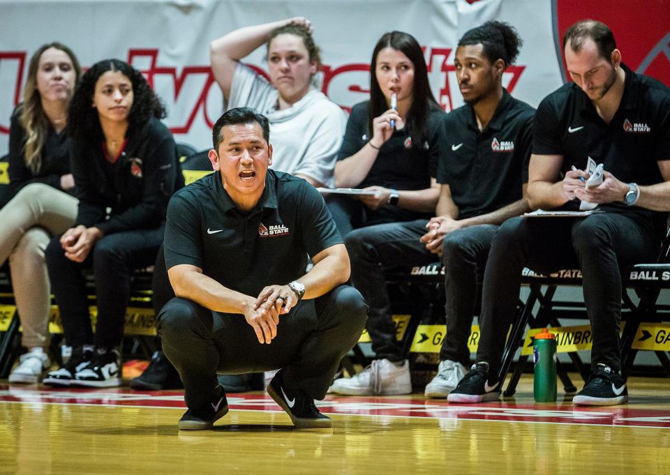 Ball State men's volleyball head coach Donan Cruz on the sideline during the MIVA semifinal match against Lewis at Worthen Arena Wednesday, April 20, 2022.