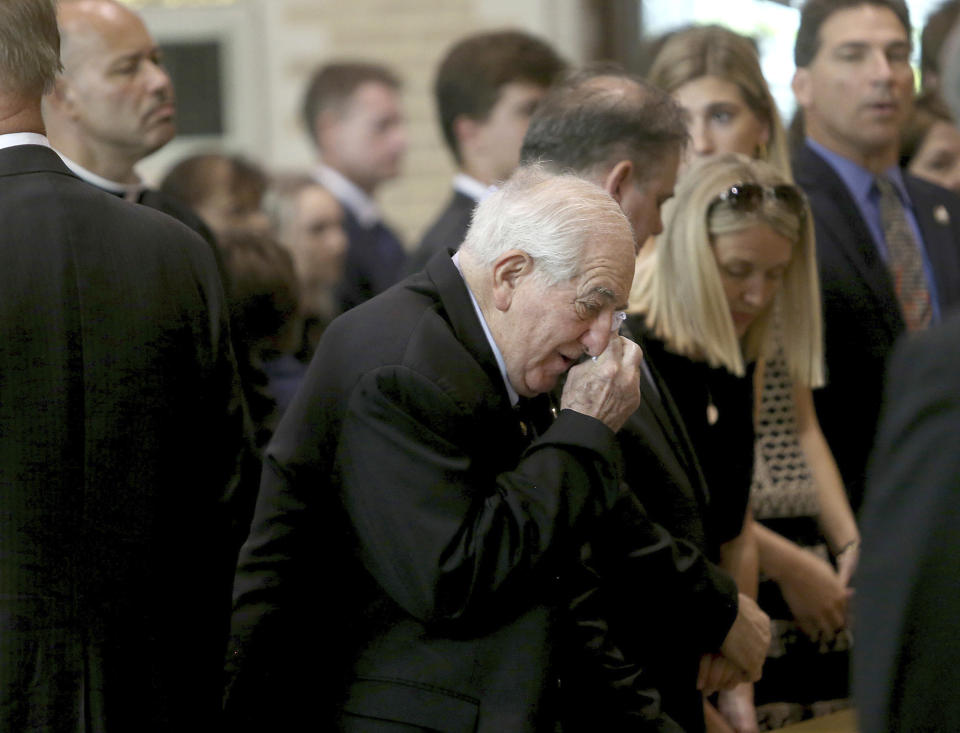 Her husband Raymond Blanco wipes away a tear during a Celebration of Life Interfaith Service for former Louisiana Gov. Kathleen Babineaux Blanco, at St. Joseph Cathedral in Baton Rouge, La., Thursday, Aug. 22, 2019. Thursday was the first of three days of public events to honor Blanco, the state's first female governor who died after a years long struggle with cancer.(AP Photo/Michael Democker, Pool)