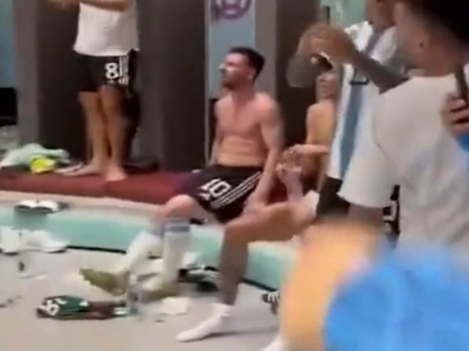 Lionel Messi in the Argentina locker room after their win over Mexico (nicolasotamendi30 via Instagram)