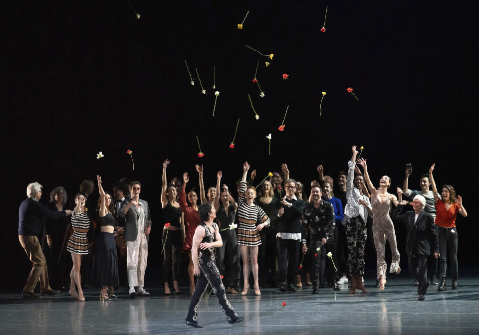 This Saturday, Oct. 26, 2019, photo provided by the American Ballet Theatre shows the curtain call at the celebration of Herman Cornejo's 20th Anniversary with American Ballet Theatre in New York. Cornejo has been a favorite of New York ballet audiences ever since he set foot on the American Ballet Theatre stage 20 years ago. (Kyle Froman via AP)