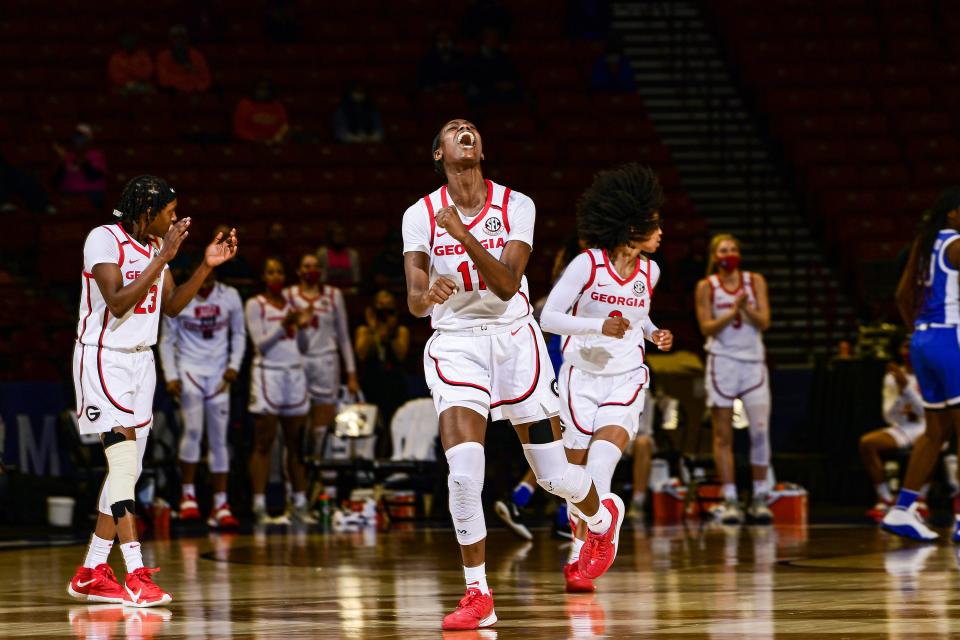 GeorgiaÕs Maya Caldwell (11) reacts after a playGeorgia v KentuckySEC Women's Basketball Tournament on Friday, March 5, 2020 in Greenville, SC.Todd Van Emst/SEC