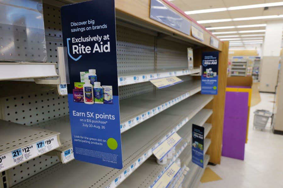 Shelves, many bare of merchandise, stand in a Rite Aid store in Brooklyn on August 28, 2023. The company has said additional underperforming stores will close while the company restructures, although it expects operational stores to “generally” offer the same products and selections. (Photo by Spencer Platt/Getty Images)