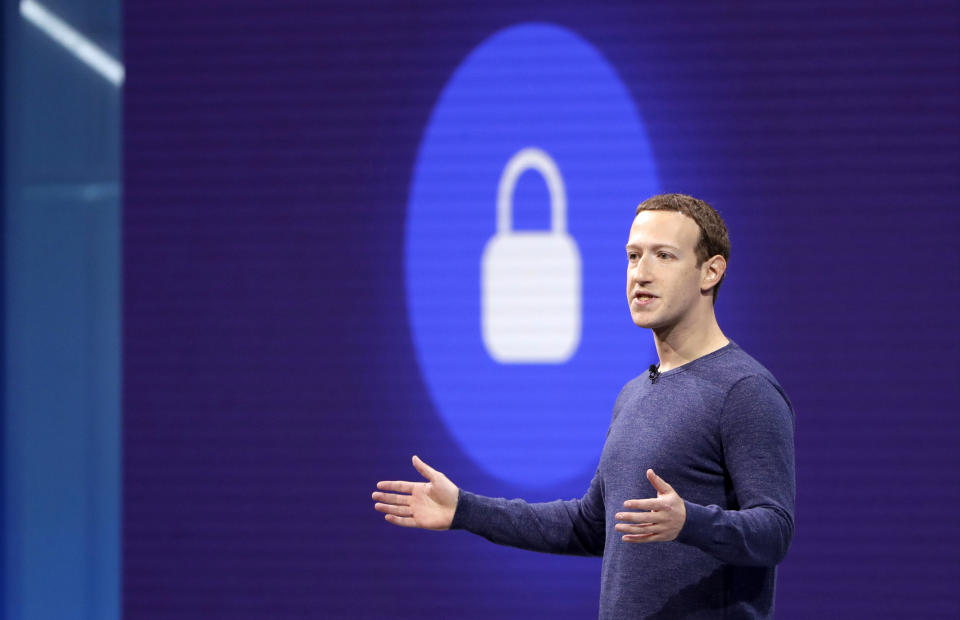 Facebook CEO Mark Zuckerberg makes the keynote speech at F8, theFacebook’s developer conference, Tuesday, May 1, 2018, in San Jose, Calif. (AP Photo/Marcio Jose Sanchez)