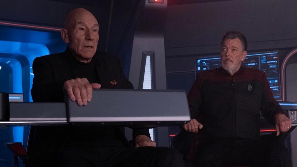 Picard (Patrick Stewart) and Riker (Jonathan Frakes) on the bridge of the Titan in Picard season three.