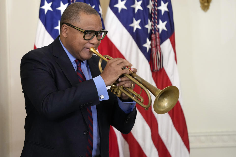 Wynton Marsalis performs with the Harlem School of the Arts All Stars, during an event with first lady Jill Biden and former Secretary of State Hillary Clinton to celebrate the 2023 Praemium Imperiale Laureates, a global arts prize awarded annually by the Japan Art Association for lifetime achievement in the arts, in the East Room of the White House, Tuesday, Sept. 12, 2023, in Washington. (AP Photo/Alex Brandon)