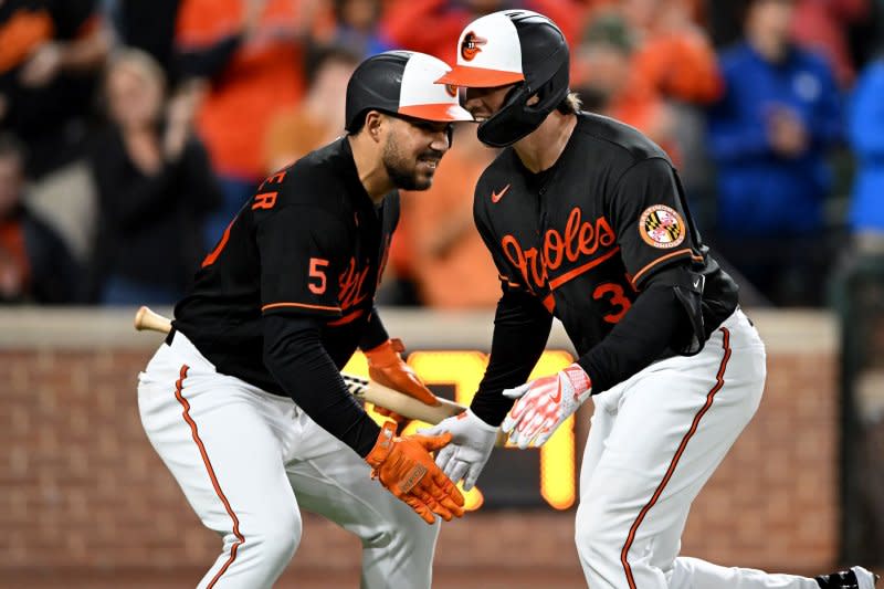 Outfielder Anthony Santander (L), catcher Adley Rutschman and the Baltimore Orioles finished as the top seed in the American League and earned a bye in the first round of the MLB playoffs. File Photo by David Tulis/UPI