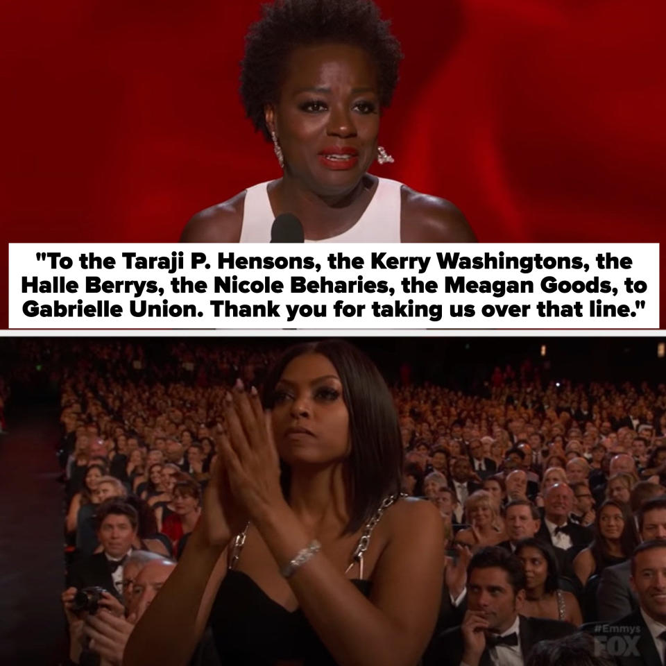 Davis thanking her fellow actors, saying: "And to the Taraji P. Hensons, the Kerry Washingtons, the Halle Berrys, the Nicole Beharies, the Meagan Goods, to Gabrielle Union. Thank you for taking us over that line"